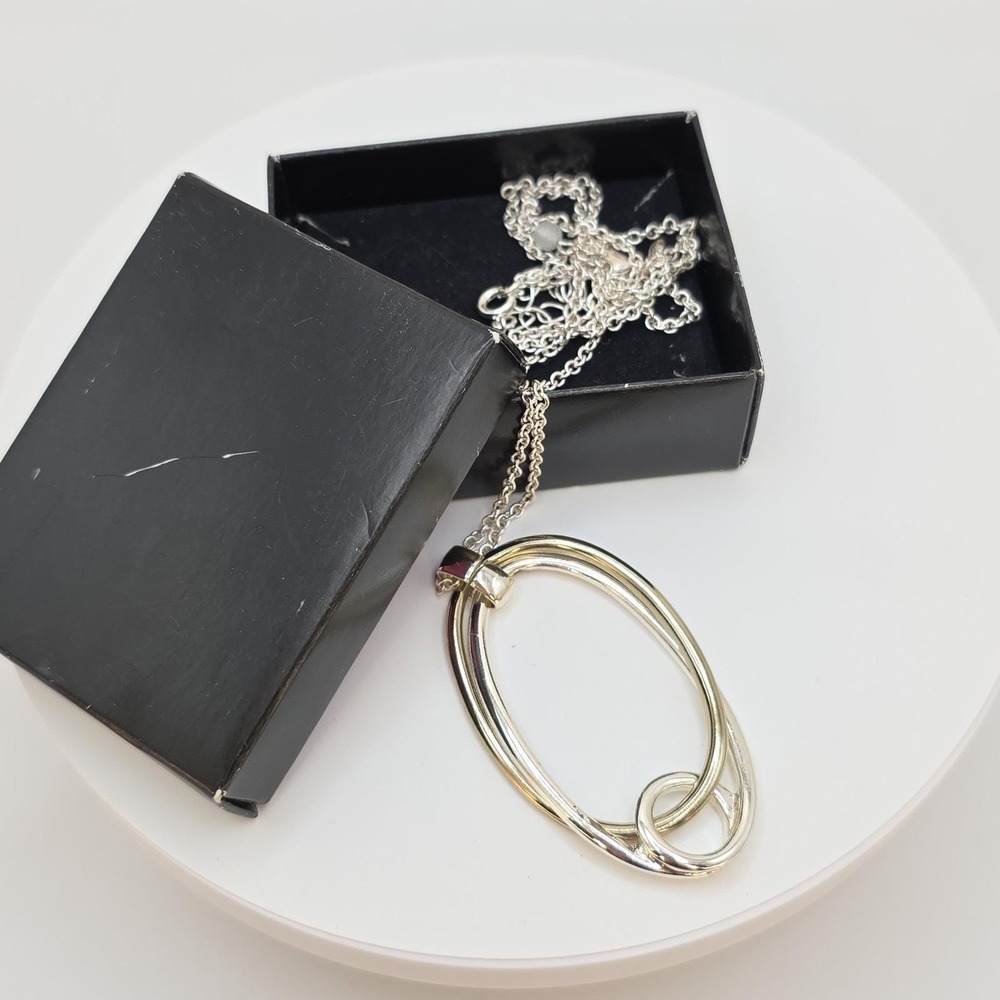 New! PMA Signed Necklace Silver Plate Oval Modernist Bohemian‎ 24" w Extender